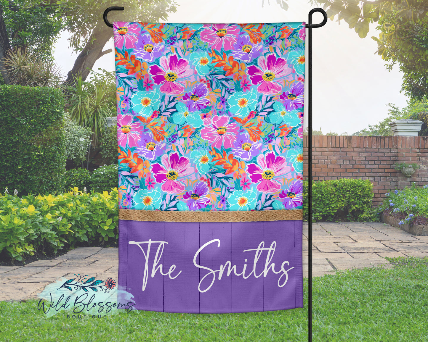 Purple Wooden Hibiscus Floral Personalized Garden Flag