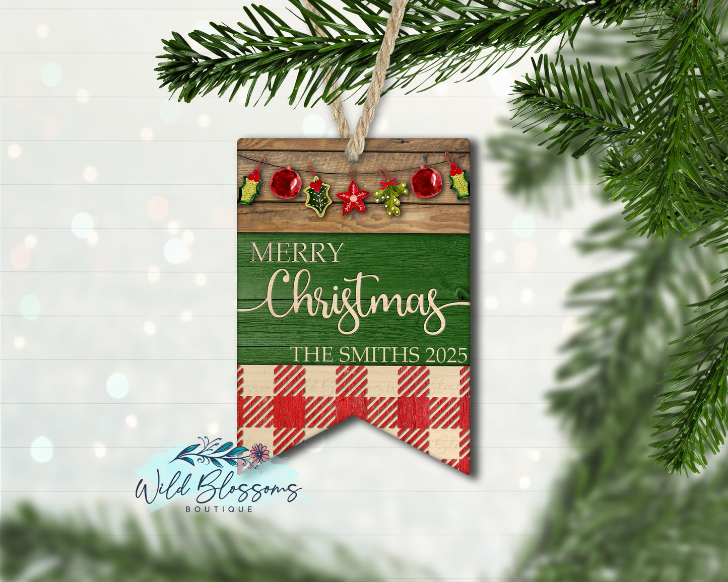 Wooden Merry Christmas Buffalo Plaid Personalized Ornament
