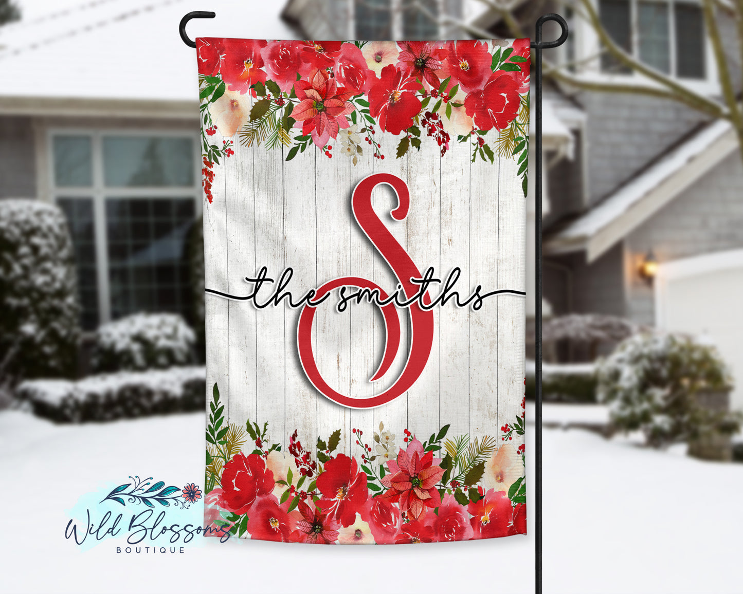 Wooden Poinsettia Christmas Floral Personalized Garden Flag