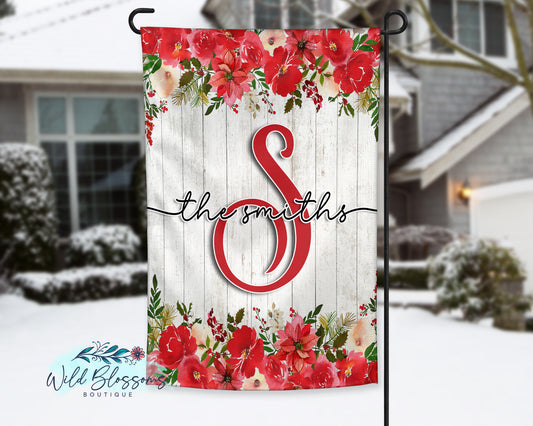 Wooden Poinsettia Christmas Floral Personalized Garden Flag