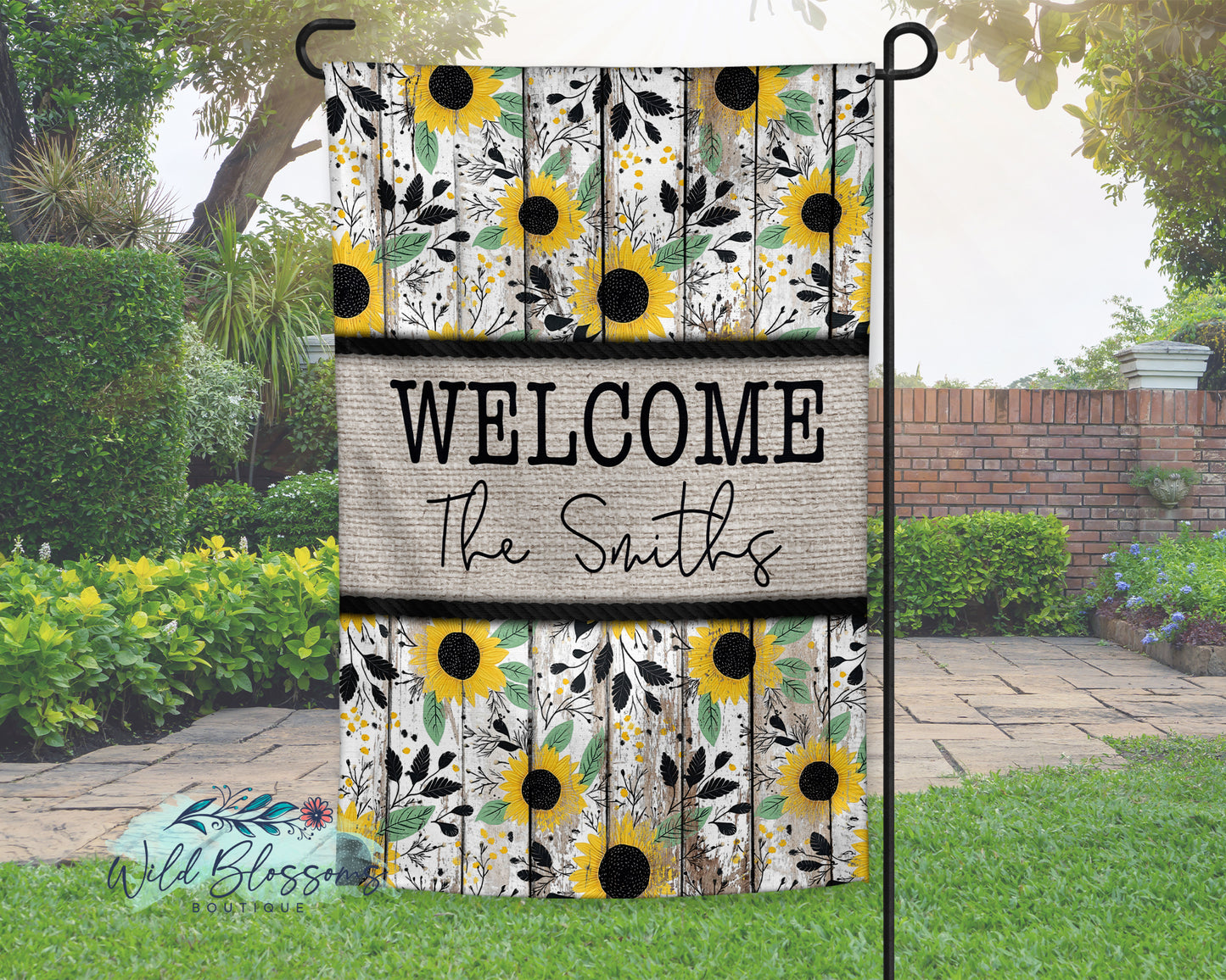 Wooden Rustic Sunflower Personalized Garden Flag