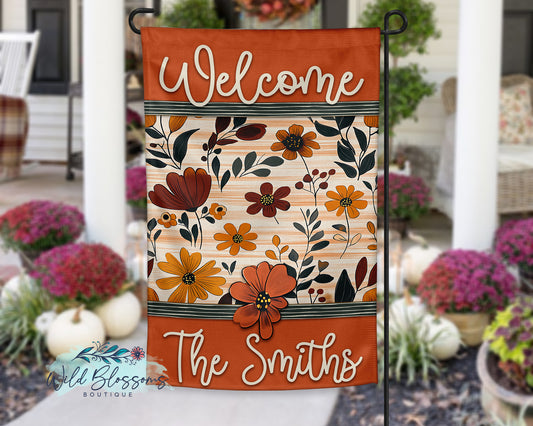 Welcome Boho Fall Floral Personalized Garden Flag