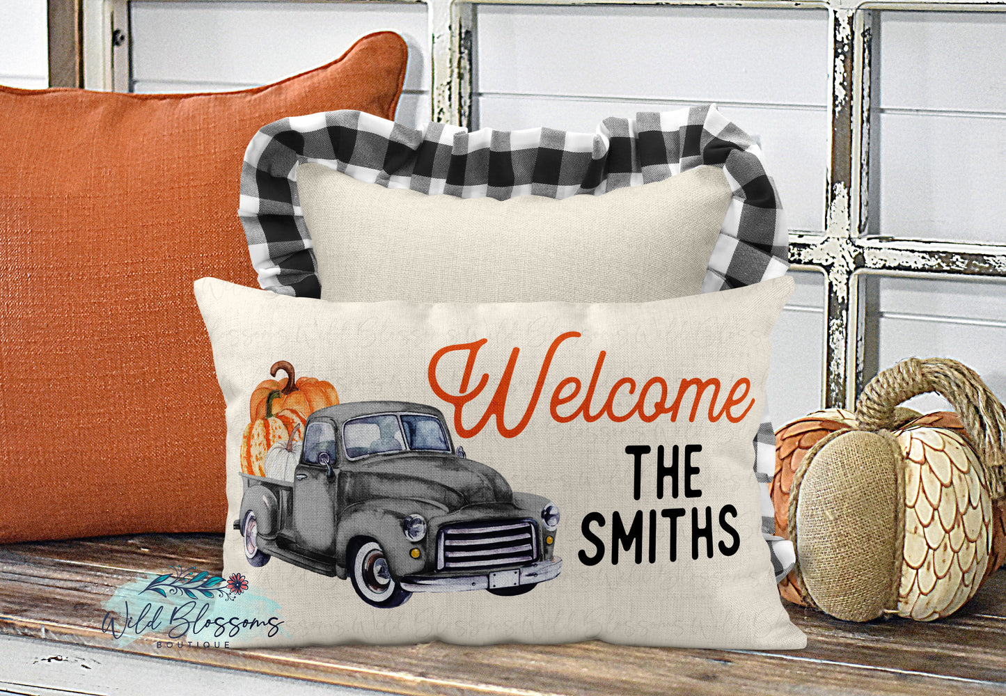 Welcome Family Name Grey Vintage Pumpkin Truck Lumbar Pillow