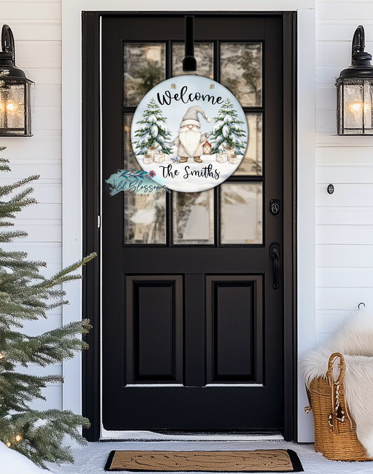 Rustic Winter Gnome Personalized Round Door Hanger