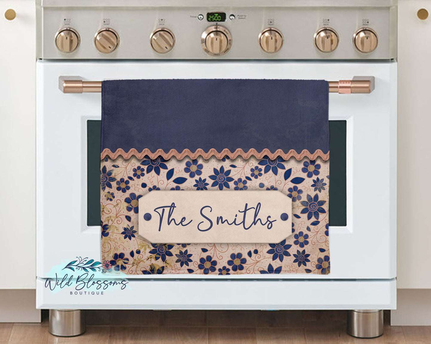 Whimsical Peach and Navy Floral Personalized Kitchen Towel