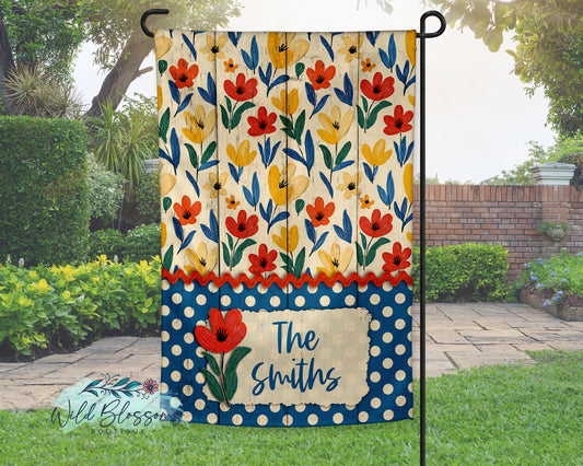 Whimsical Floral and Polka Dot Personalized Garden Flag
