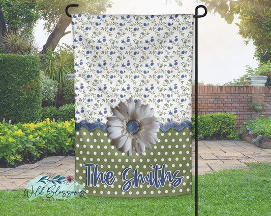 Whimsical Floral Daisy and Green Polka Dot Personalized Garden Flag