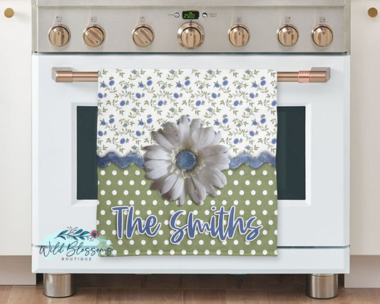 Whimsical Floral Daisy and Green Polka Dot Personalized Kitchen Towel
