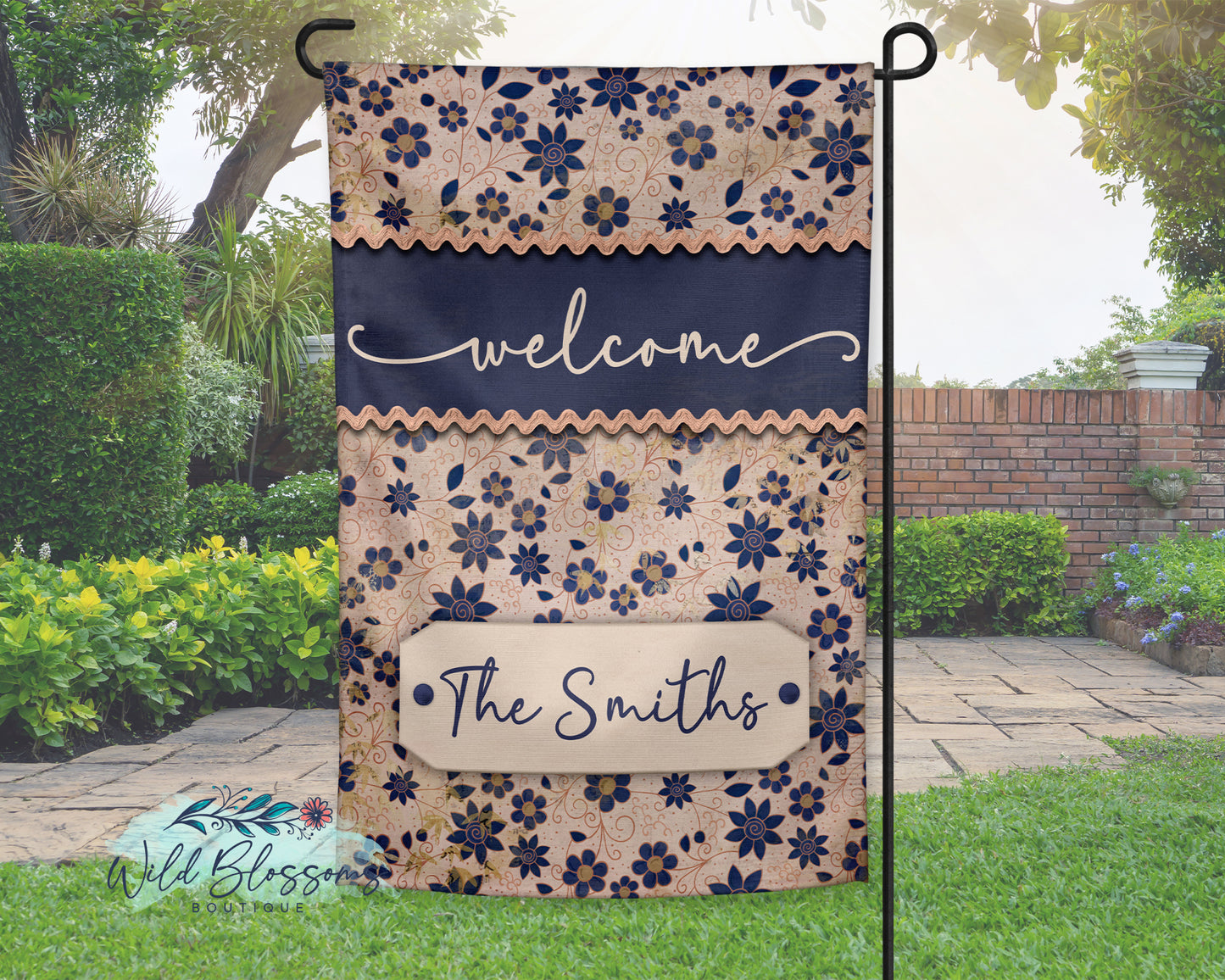 Whimsical Peach and Navy Floral Personalized Garden Flag