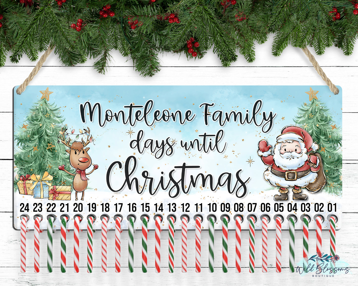 Whimsical Santa and Reindeer Days Until Christmas Personalized Candy Cane Countdown Advent Door Hanger