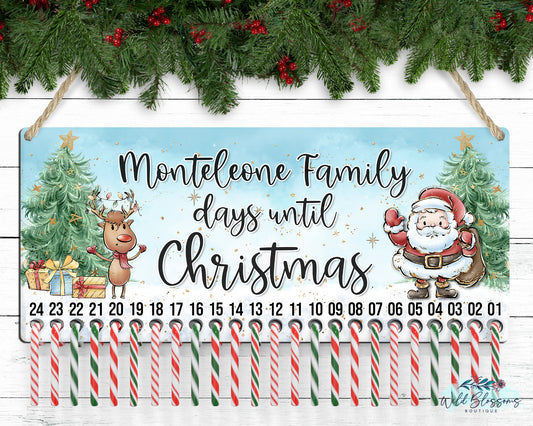 Whimsical Santa and Reindeer Days Until Christmas Personalized Candy Cane Countdown Advent Door Hanger