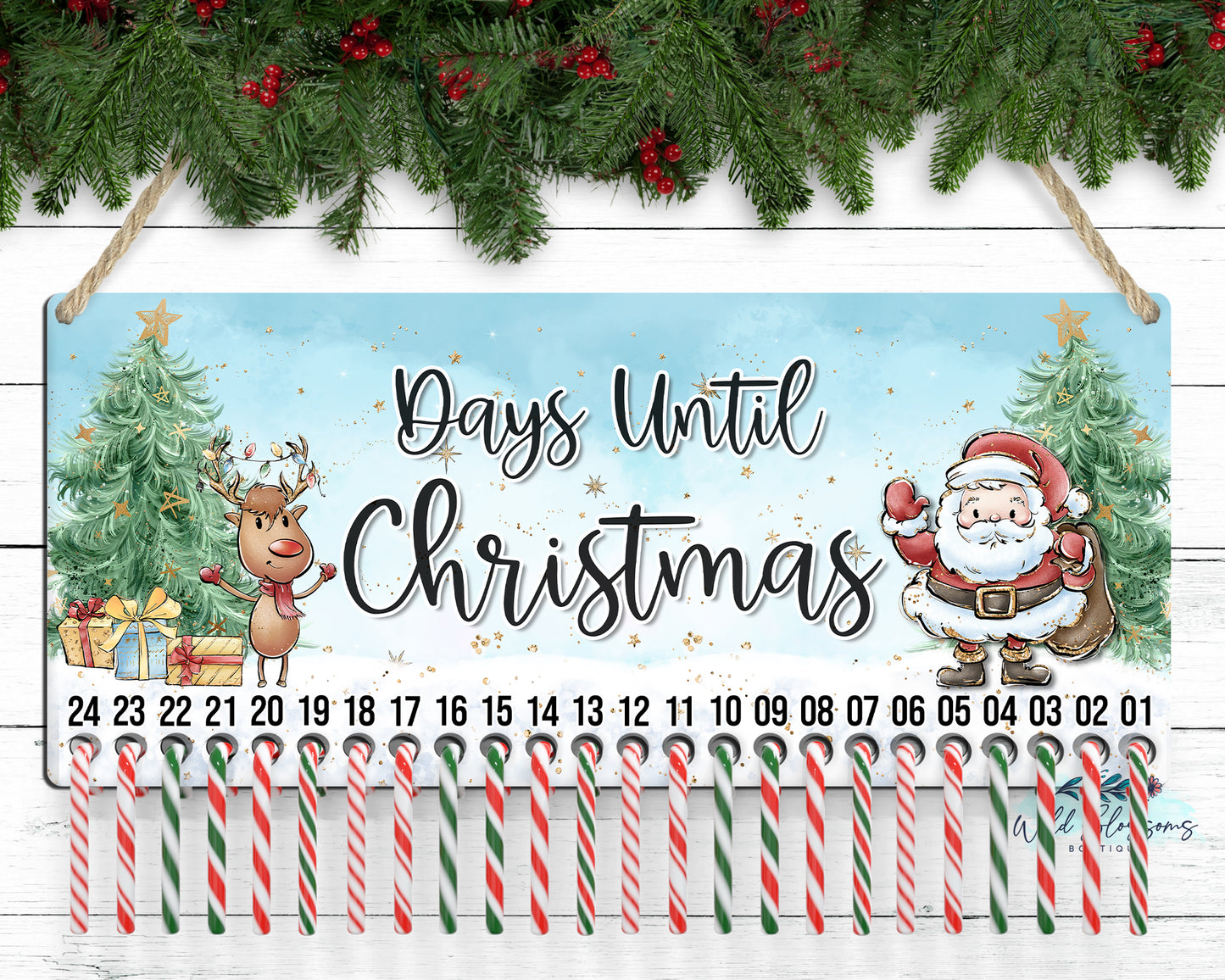 Whimsical Santa and Reindeer Days Until Christmas Personalized Candy Cane Countdown Advent Door Hanger
