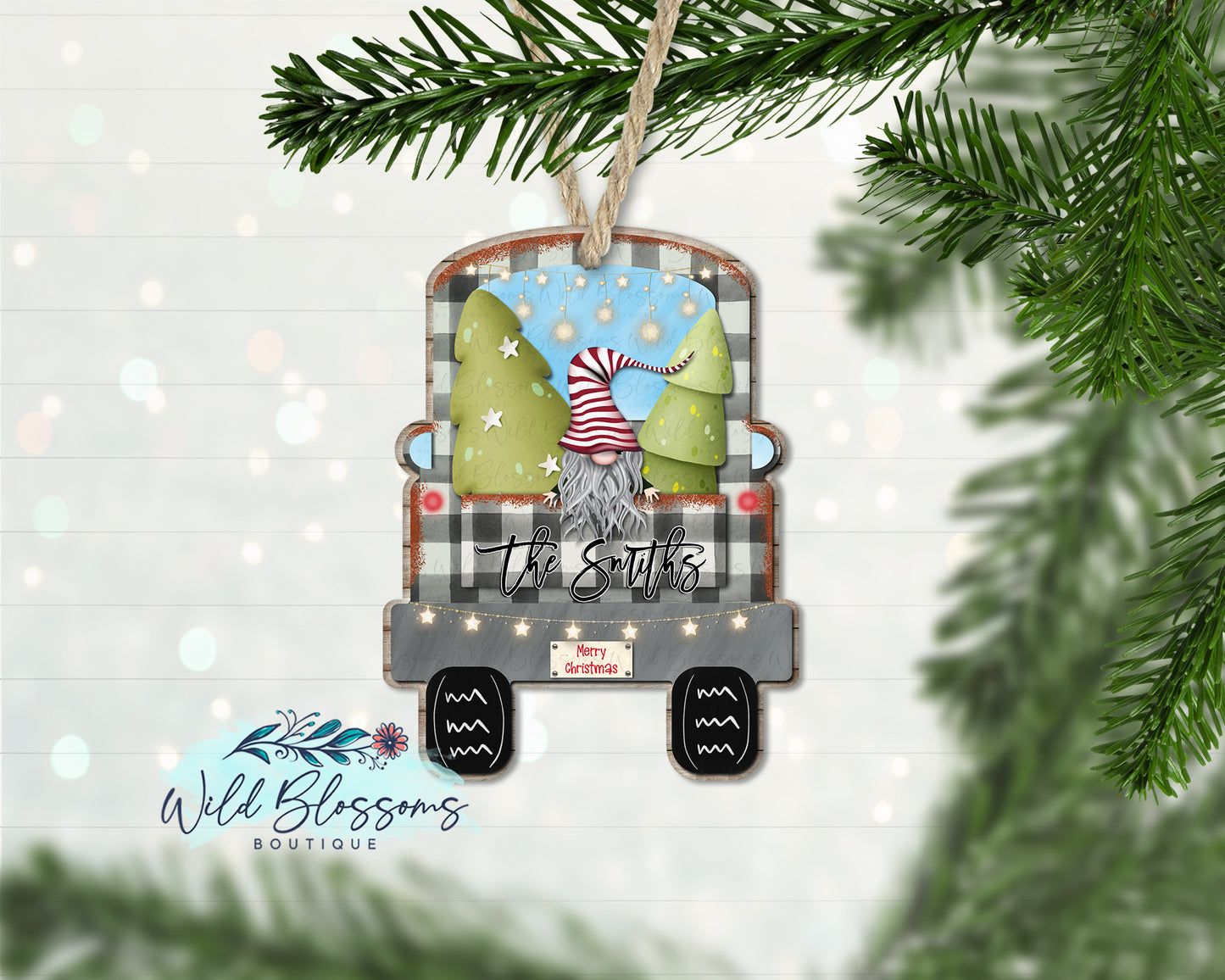White Buffalo Plaid Gnome Truck Ornament