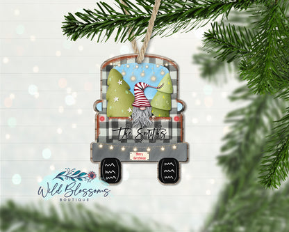 White Buffalo Plaid Gnome Truck Ornament