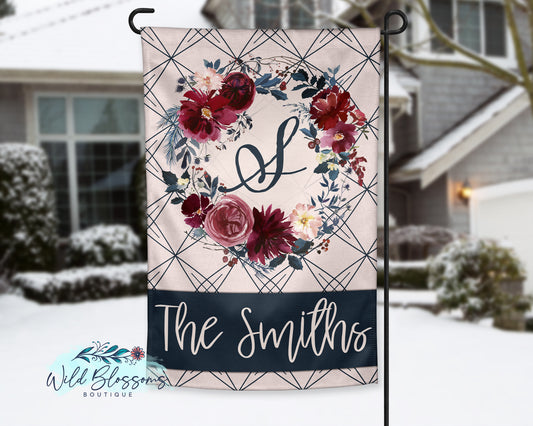 Winter Frost and Berries Floral Wreath Personalized Garden Flag
