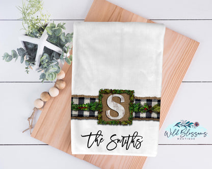 Wooden Buffalo Plaid Christmas Greenery Kitchen Towel