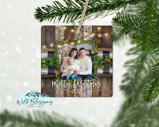 Wooden Buffalo Plaid Christmas Greenery Photo Ornament