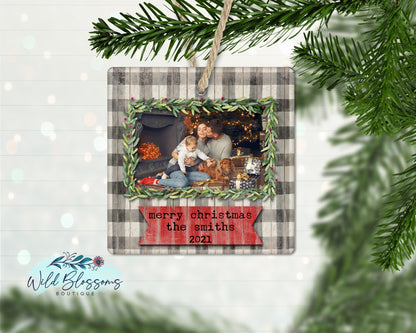Wooden Buffalo Plaid Holly Frame Photo Ornament