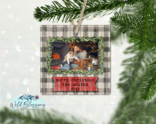Wooden Buffalo Plaid Holly Frame Photo Ornament