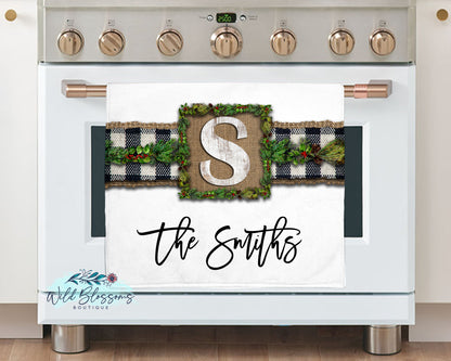 Wooden Buffalo Plaid Christmas Greenery Glass Cutting Board