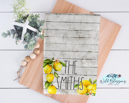 Watercolor Lemon Wooden Shiplap Personalized Kitchen Towel