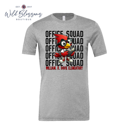 Gray t-shirt with a cartoon cardinal and text 'Office Squad' on a white background