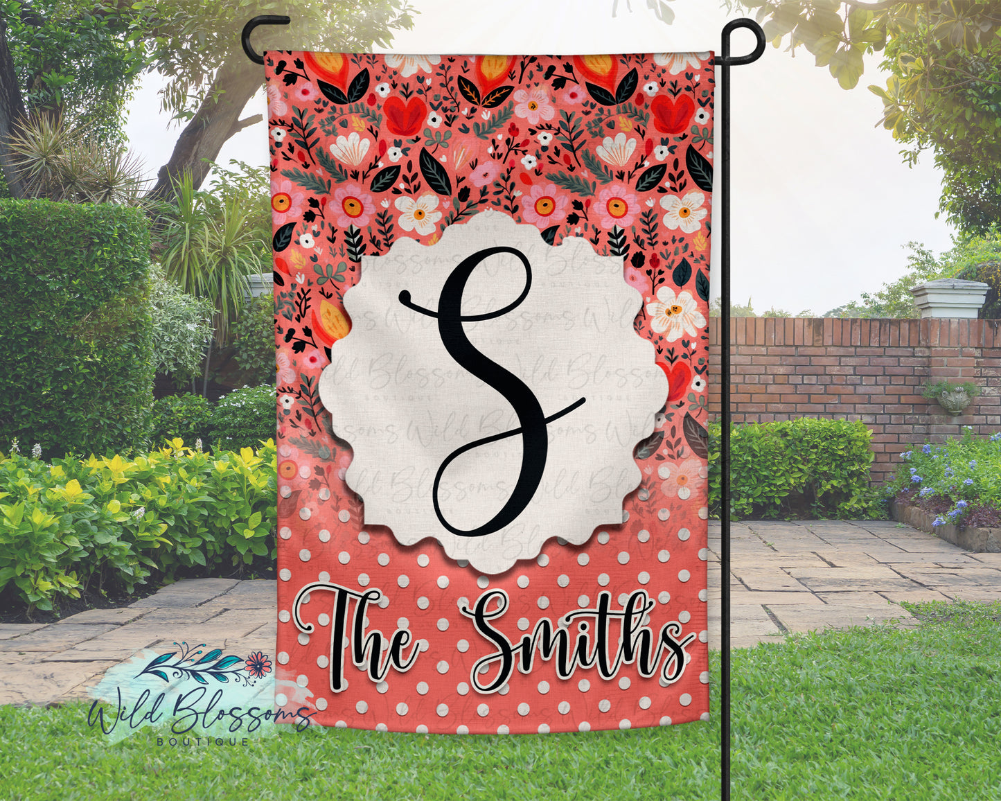 Whimsical Floral Scalloped and Polka Dot Personalized Garden Flag