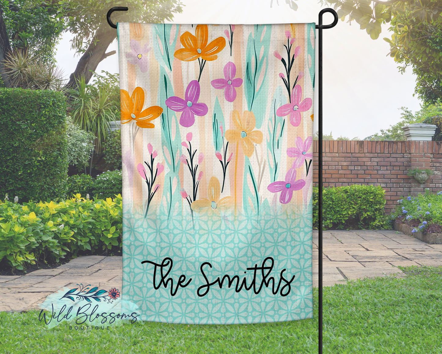 Whimsical Wildflowers with Aqua Pattern Personalized Garden Flag