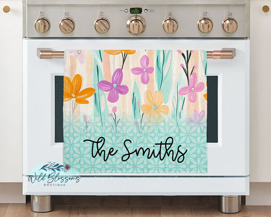 Whimsical Wildflowers with Aqua Pattern Personalized Kitchen Towel