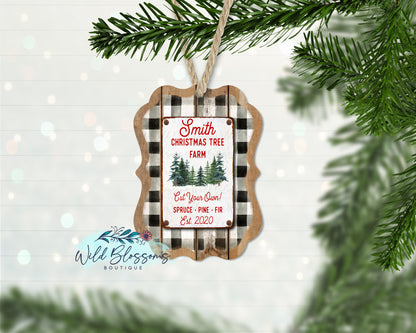 Wooden Buffalo Plaid Christmas Tree Farm Personalized Ornament