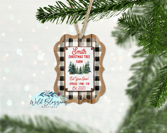 Wooden Buffalo Plaid Christmas Tree Farm Personalized Ornament