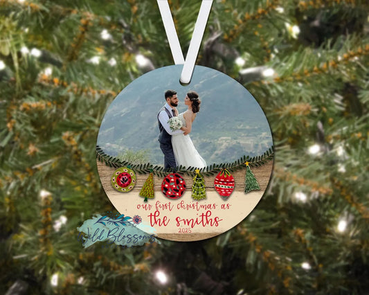 Wooden Our First Christmas As Mr. And Mrs. Personalized Photo Ornament