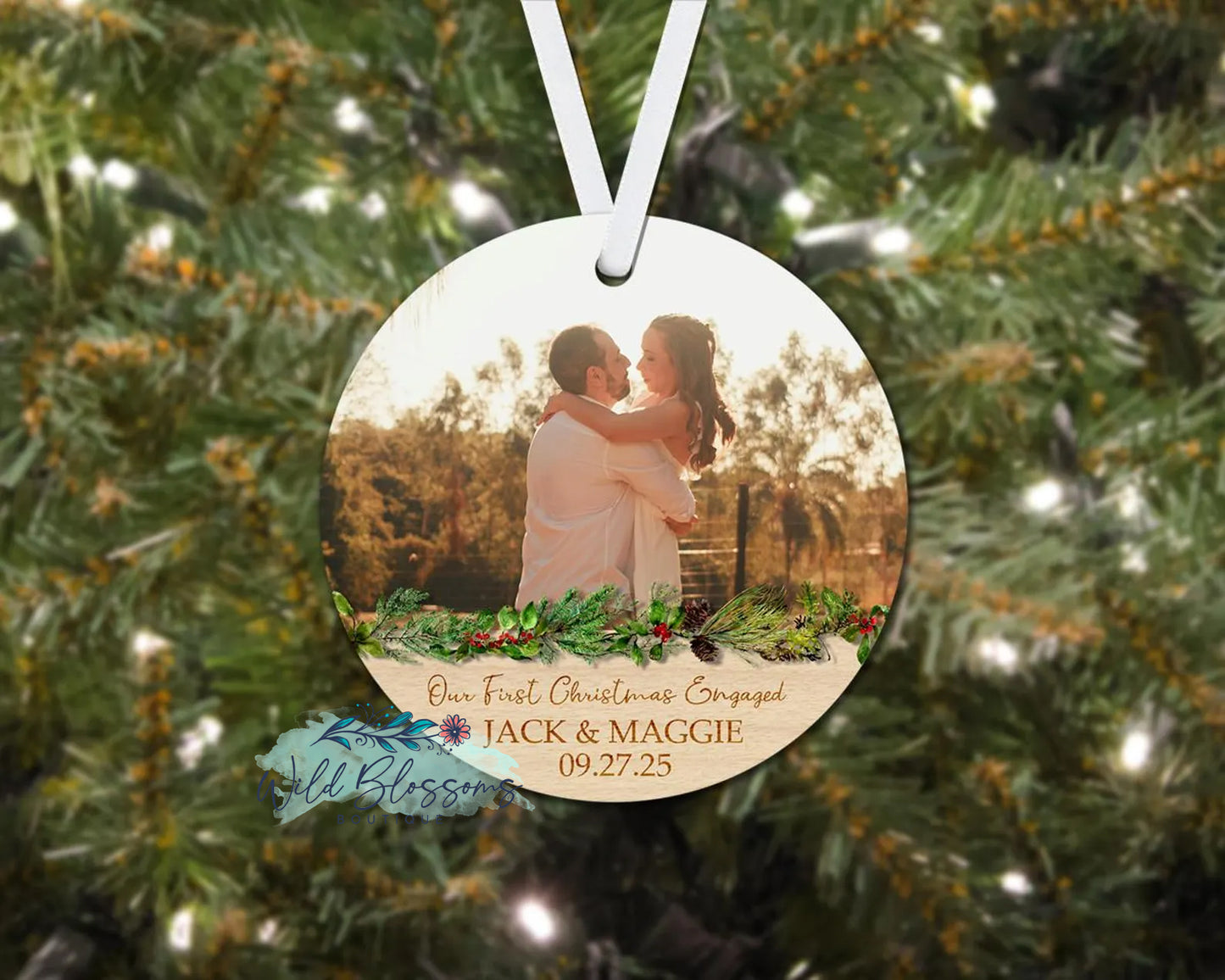 Wooden Our First Christmas Engaged Personalized Photo Ornament