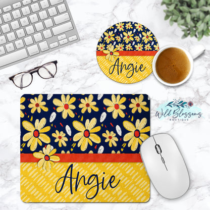 Yellow and Navy Daisy Floral Personalized Mouse Pad & Coaster Desk Set