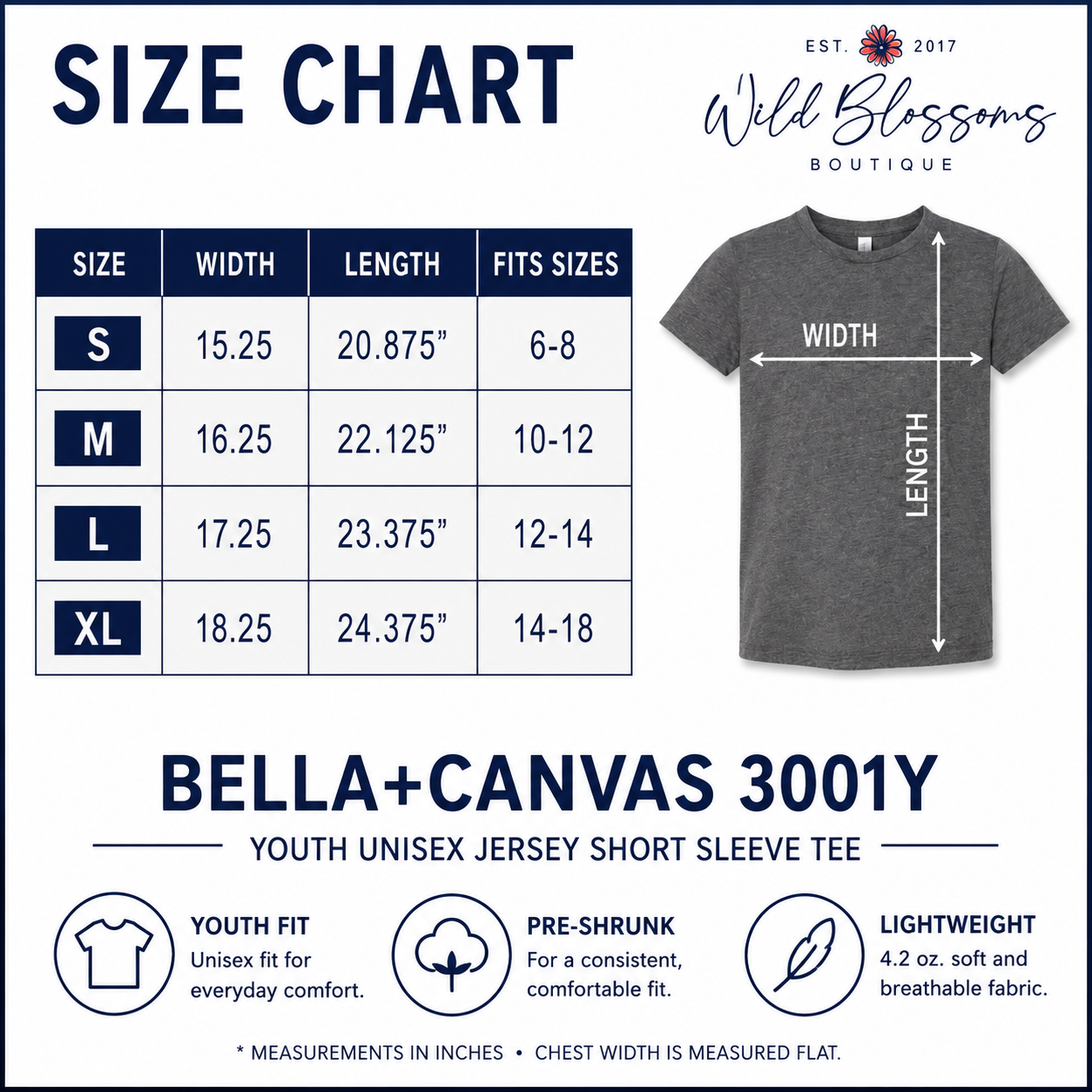 A size chart graphic for a youth unisex short-sleeve t-shirt by Wild Blossoms Boutique. The chart includes a size table from S to XL with width and length measurements, a labeled gray t-shirt illustration showing width and length, and product feature icons for youth fit, pre-shrink, and lightweight fabric.