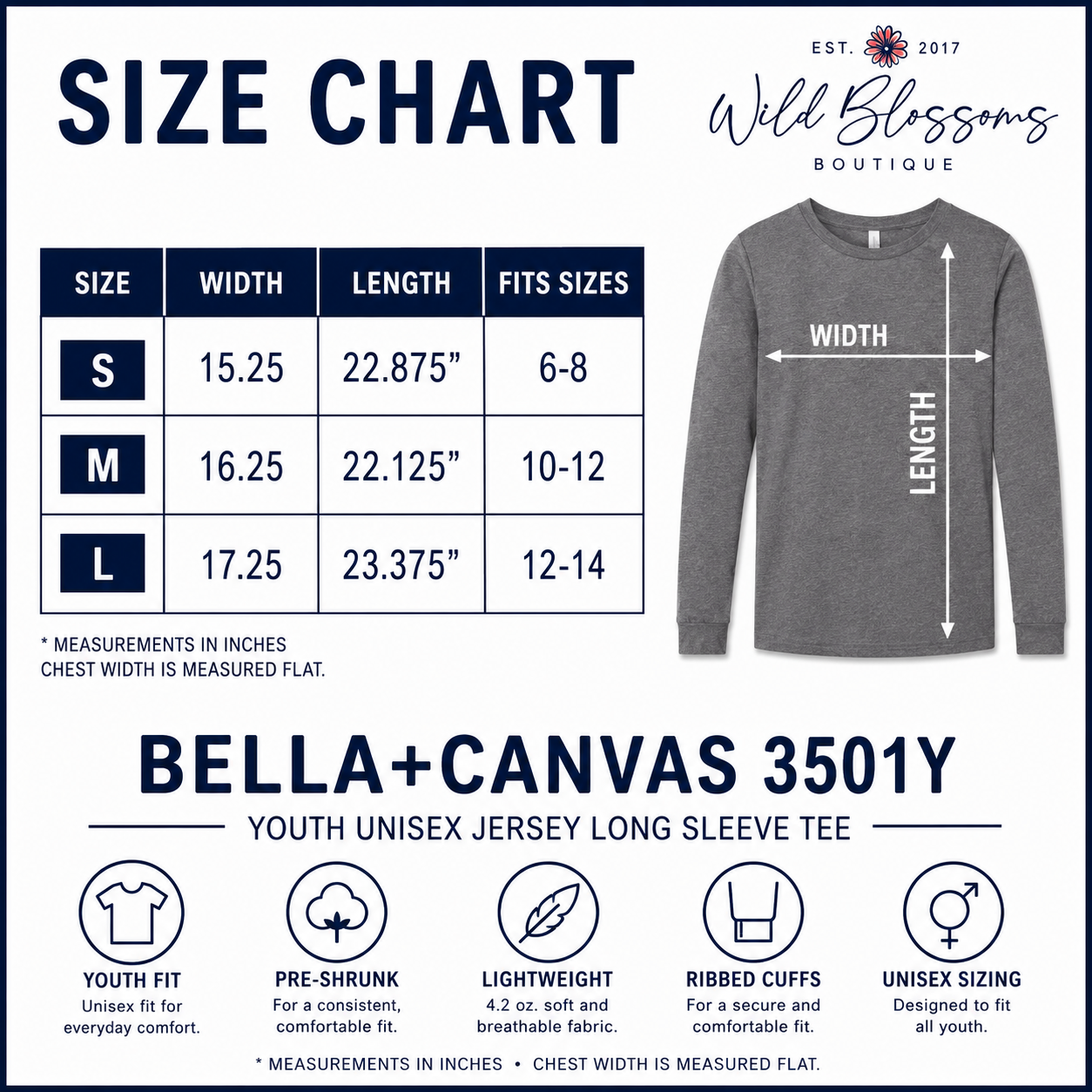 A size chart graphic for Wild Blossoms Boutique's Bella+Canvas 3501Y youth unisex jersey long sleeve tee. The chart features a size table from S to L with width and length measurements in inches, alongside a graphic of a heather gray long-sleeve t-shirt with arrows indicating how to measure width and length.