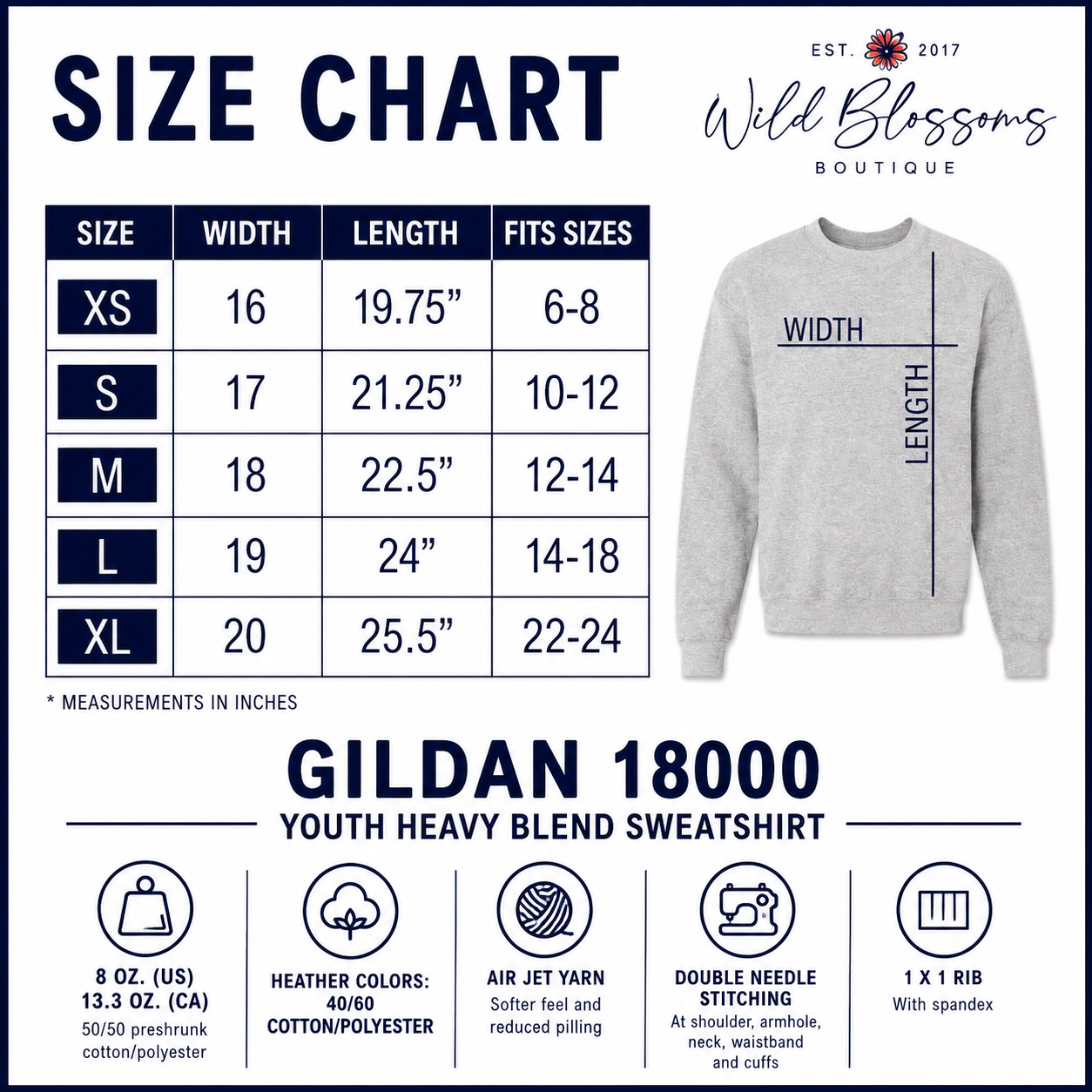 A size chart graphic for a youth sweatshirt by Wild Blossoms Boutique, showing a size table from XS to XL with width and length measurements in inches, alongside a gray sweatshirt illustration with width and length markings. Text at the bottom reads 'GILDAN 18000 YOUTH HEAVY BLEND SWEATSHIRT' and lists fabric and stitching details.