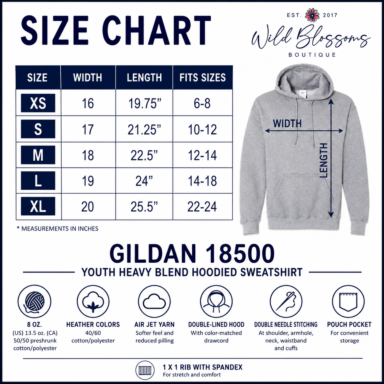 A size chart graphic for a youth hooded sweatshirt by Wild Blossoms Boutique, showing a measurement table from XS to XL with width and length in inches, alongside a gray hoodie illustration with width and length arrows and product details at the bottom.