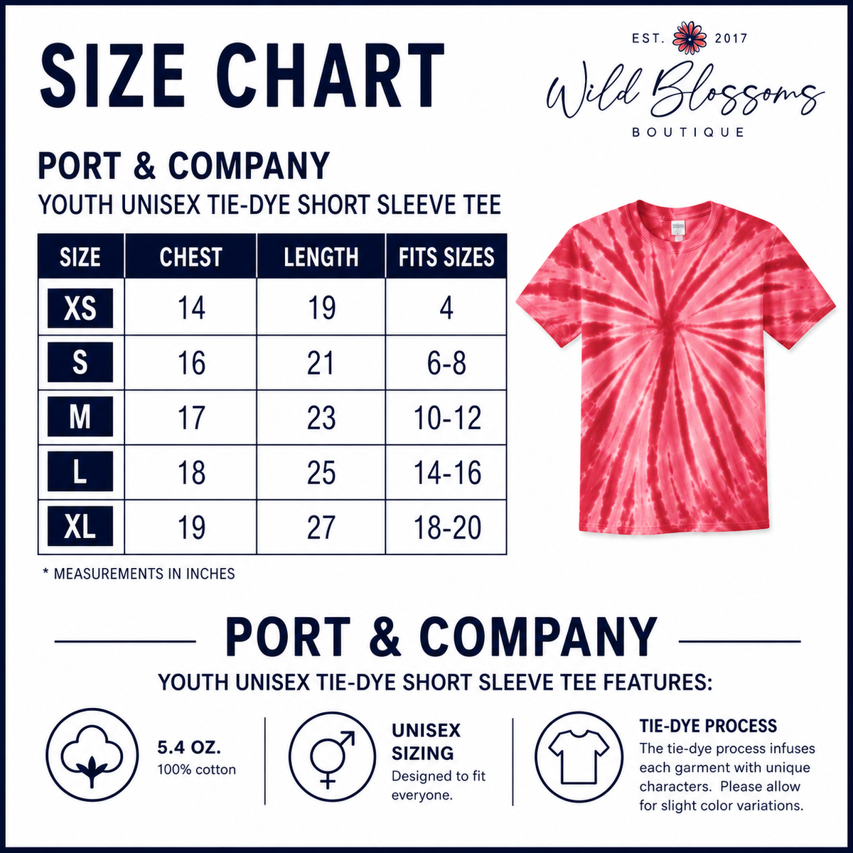 A size chart graphic for a youth unisex tie-dye short sleeve tee by Wild Blossoms Boutique. The chart includes a size table from XS to XL with chest, length, and fits sizes in inches, plus a photo of a pink and red tie-dye t-shirt on the right.