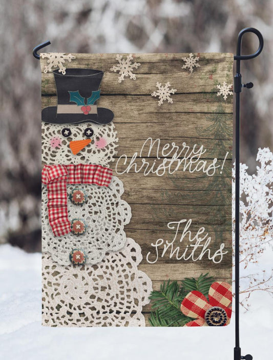 Vintage Doily Snowman Personalized Christmas Garden Flag