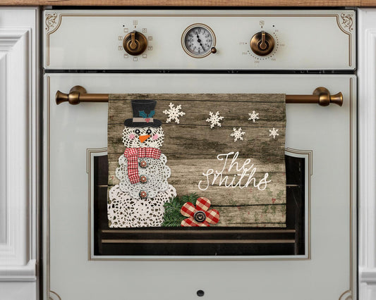 Vintage Doily Snowman Personalized Christmas Kitchen Towel