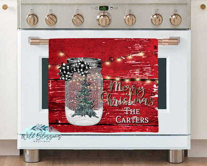 Red Barnwood Mason Jar Christmas Kitchen Towel
