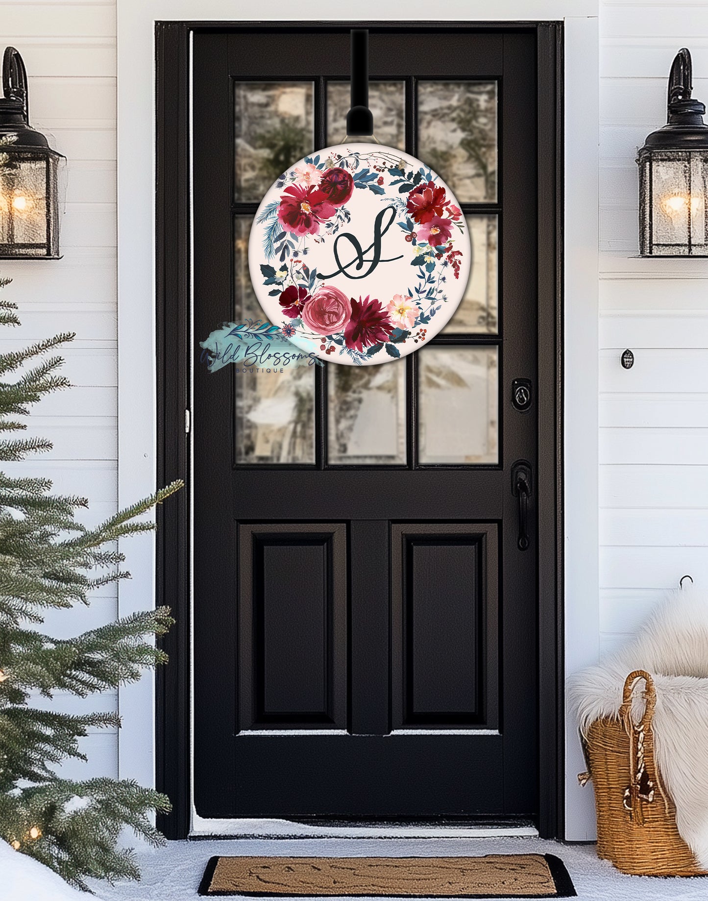 Winter Frost and Berries Floral Personalized Round Door Hanger