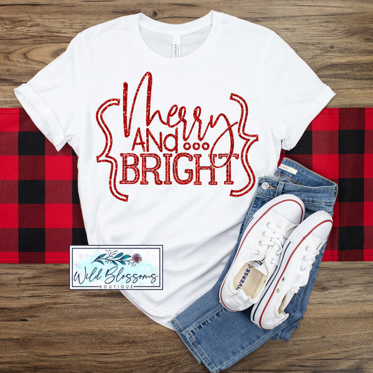 Metallic Red Merry and Bright Graphic Tee