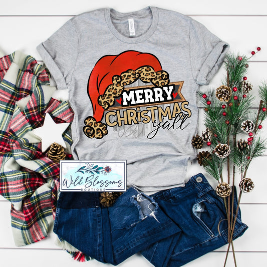 Merry Christmas Y'all Leopard Santa Hat Graphic Tee