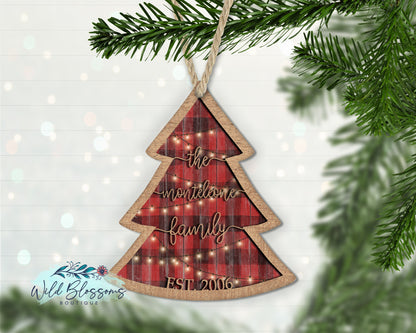 Buffalo Plaid Christmas Tree Family Name Ornament