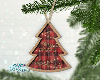 Buffalo Plaid Christmas Tree Family Name Ornament
