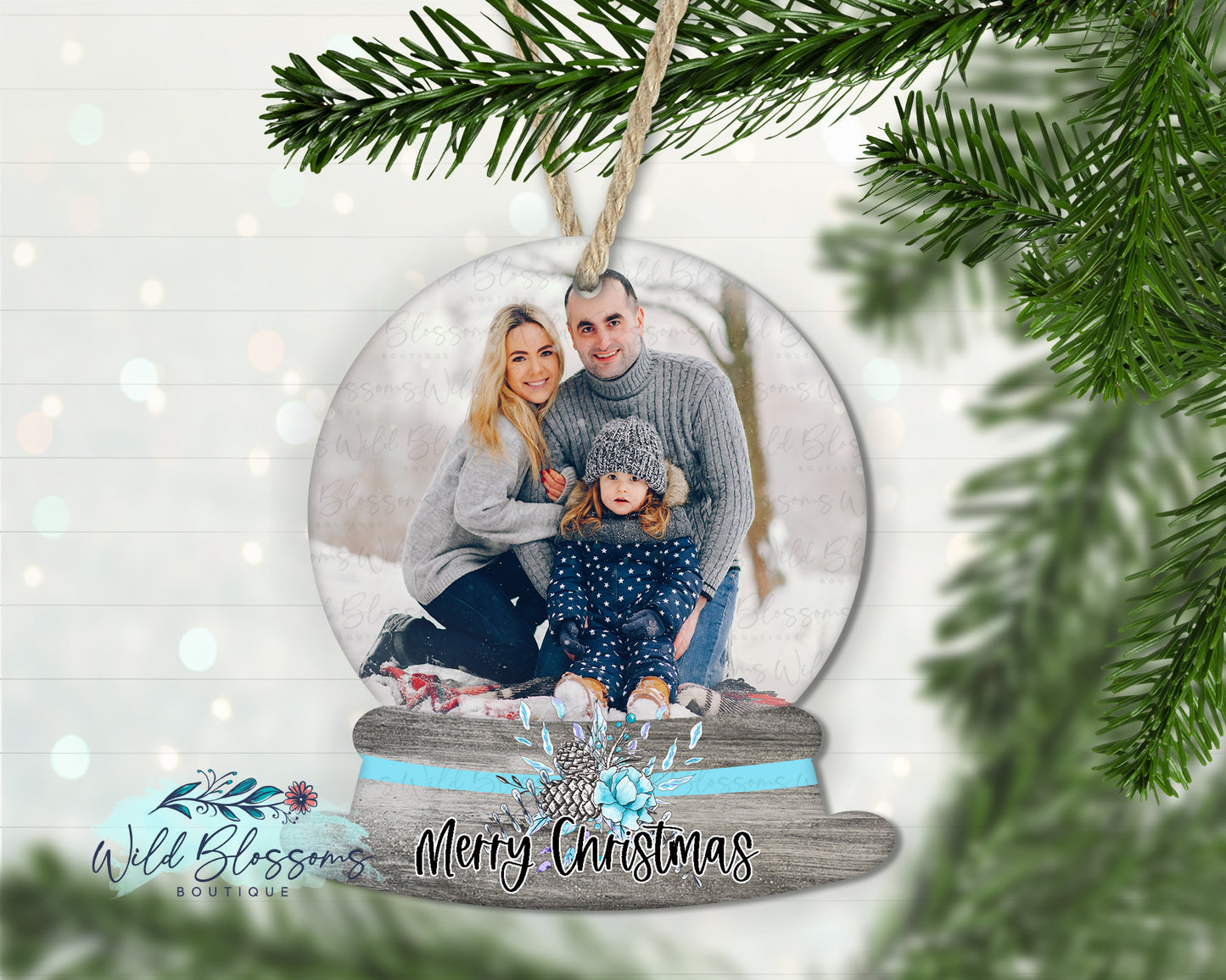 Floral Pine Garland Photo Snow Globe Ornament