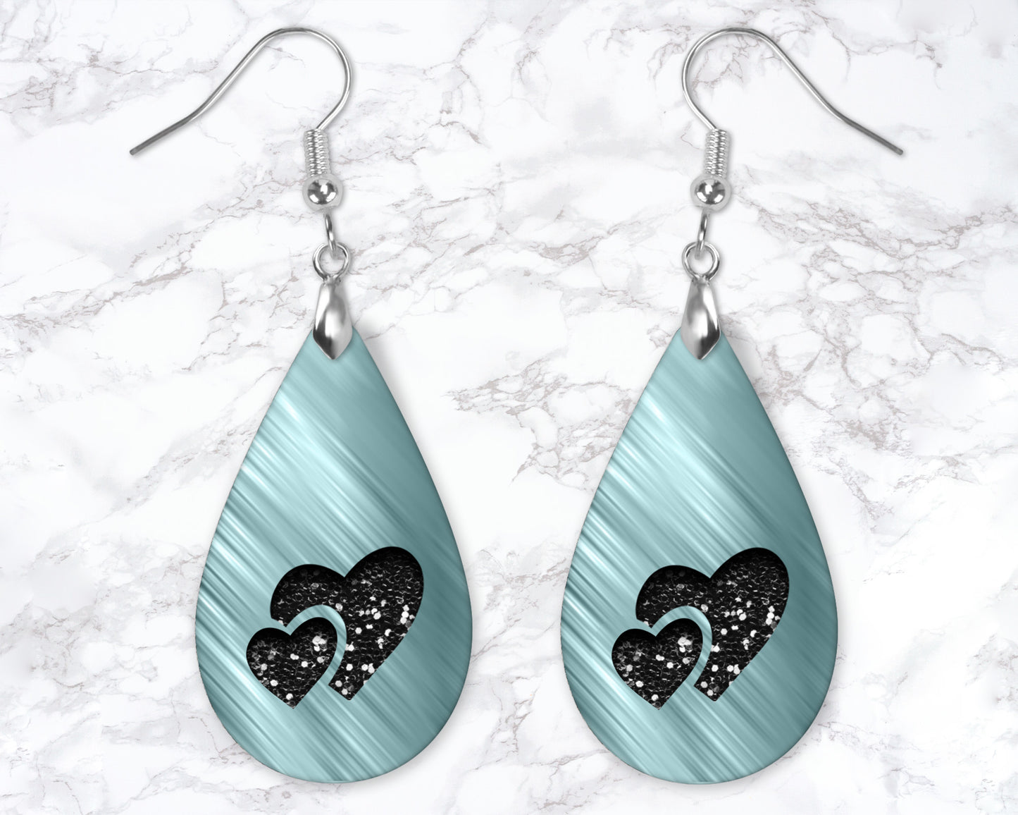 Aqua Brushed Metal Heart Drop Earrings