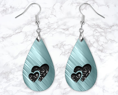 Aqua Brushed Metal Heart Drop Earrings